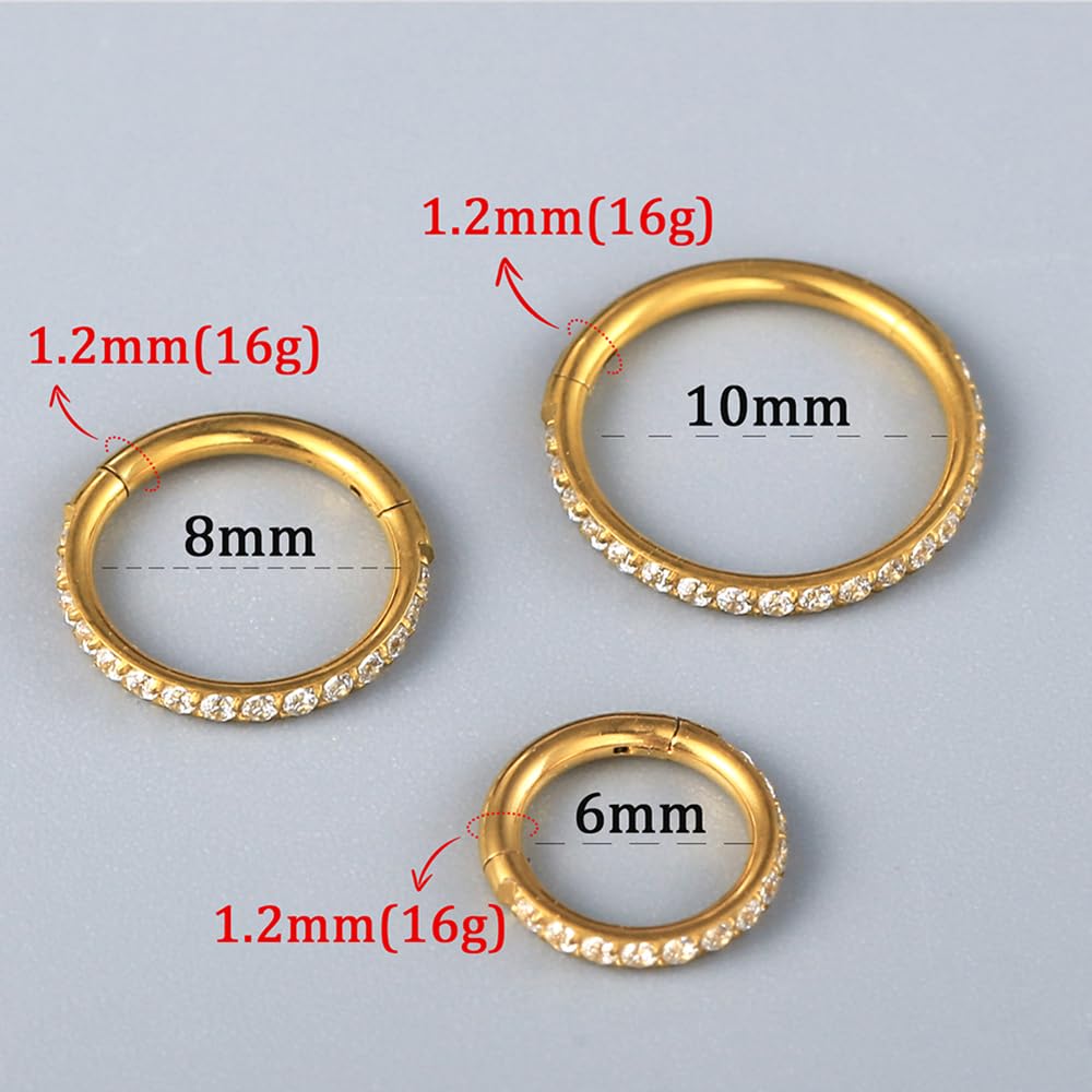 Paquete de 10 anillos de aro para tabique con circonita cúbica, 6G/1,2 x (6-8-10) mm, anillos de nariz de acero inoxidable quirúrgico, aretes de aro para cartílago, aretes de aro para roook,