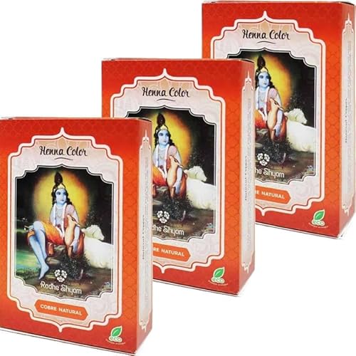 Pack 3x Henna Cobre Natural en Polvo 100g | Rhade Shyam | Coloración Capilar Vegetal | 100% Natural y Vegana | Sin Amoniaco ni PPD