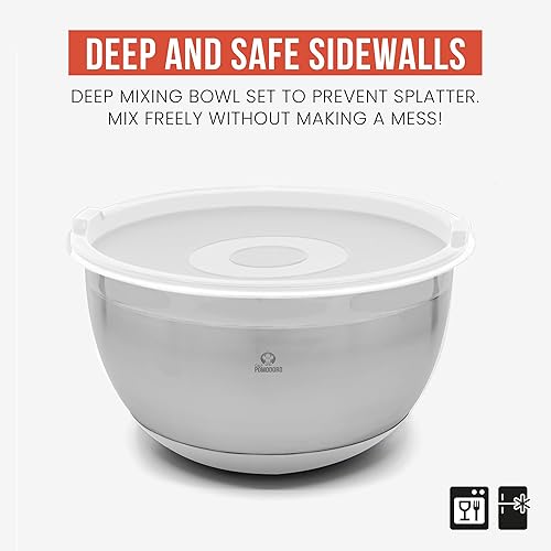 Miniatura 3 de Chef Pomodoro Juego de cuencos para mezclar de acero inoxidable, cuencos de metal con tapas, base de silicona antideslizante, cuencos anidables, 3