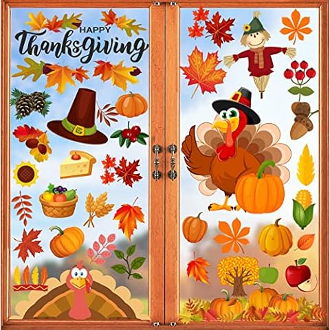 Happy Storm 158Pcs Thanksgiving Window Clings for Glass Window, Double Sided Fall Turkey Window Stickers Deals Decor for Home Office Decorations, Thanksgiving Decorations Indoor Cover