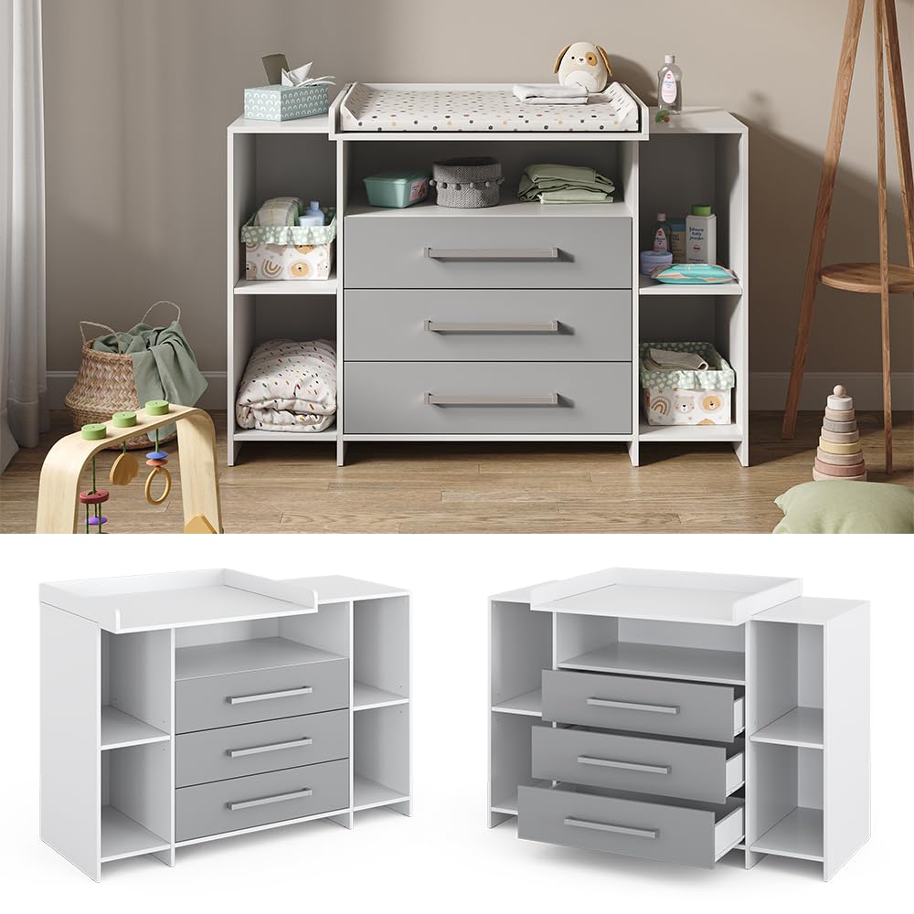 Vicco Cómoda Cambiador Oskar, Blanco/Gris, 143 x 100 cm XL con cajones, Apto como Cambiador con Zona de Almacenamiento Ampliable
