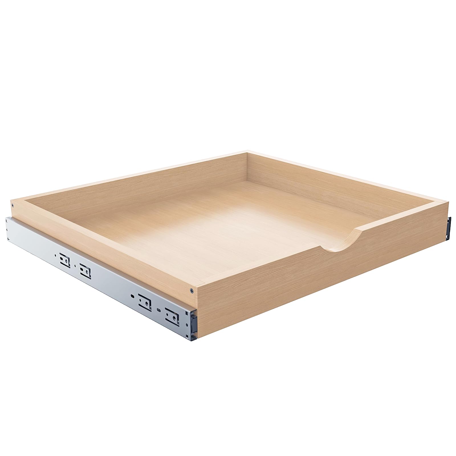 pull out drawers for cabinet, 24" w x 22" d, side mount | solid wood drawer with soft-close side rails and 57 lb capacity; improves access in kitchen, pantry and bathroom cabinets.