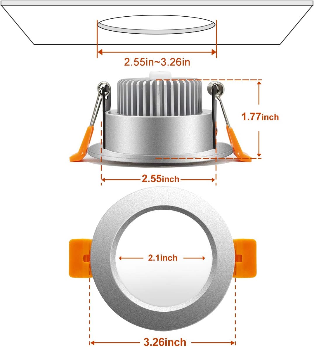 YGS-Tech 3 Inch LED Recessed Lighting, Dimmable Downlight 5W(40W Halogen Equivalent), 2700K Ultra Warm White Ceiling Light, CRI80, Silver Trim with LED Driver(4 Pack)