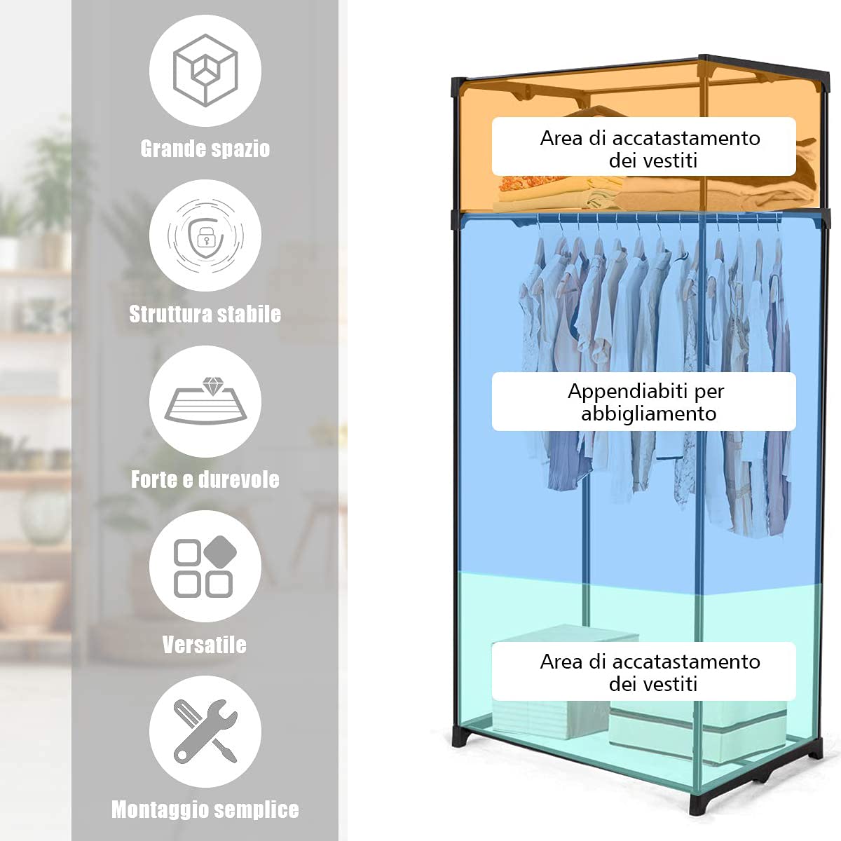 RELAX4LIFE Guardaroba in Tessuto, Armadio Appendiabiti Salvaspazio per Camera da Letto, Cabina Portabiti Richiudibile con Cerniera, Armadio Singolo per Vestiti, Abiti, Scarpe (Grigio)
