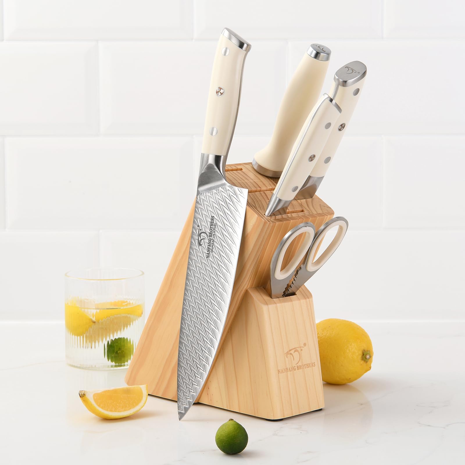 Nanfang Brothers Professional knife Damascus knife Holder Wood Set de 6 pièces Damascus Kitchen knife set set Set de couteaux de cuisine en acier inoxydable chef knife Holder avec couteau pointu