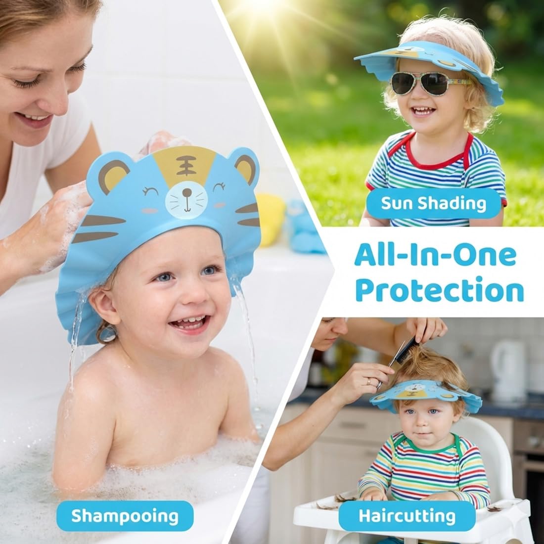 2 Pezzi Cappello Doccia Bambini, Visiera Doccia Bambini, cuffia per shampoo regolabile per bambini, scudo per il lavaggio dei capelli, Bambini Regolabile Doccia Cap per Protezione (Tigre).