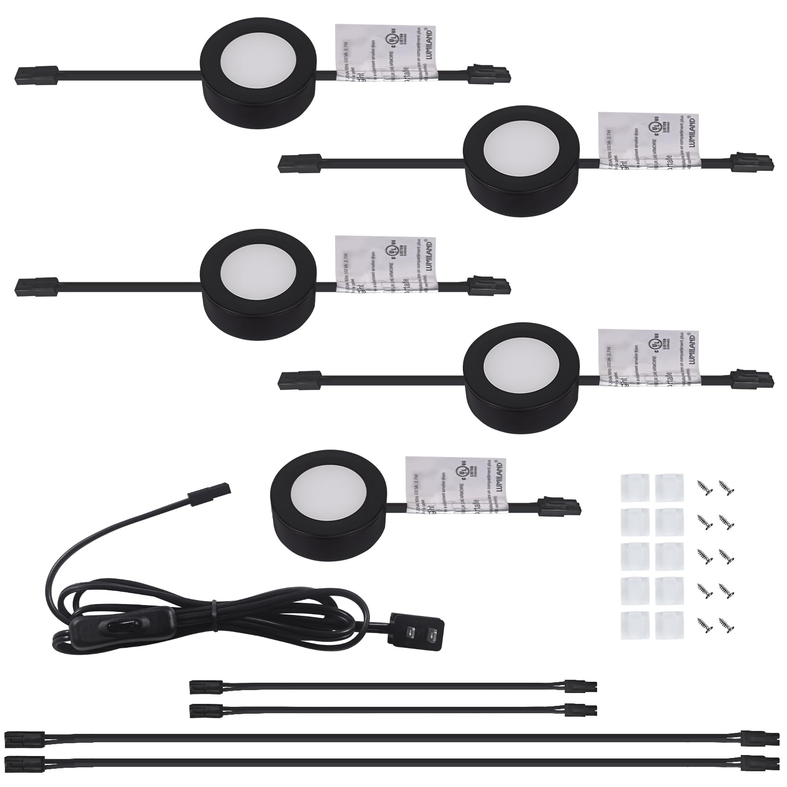 LUMILAND Luci LED con cavo (6,9 cm di larghezza x 12,7 cm) per armadio da cucina, 3000 K, colore: Nero