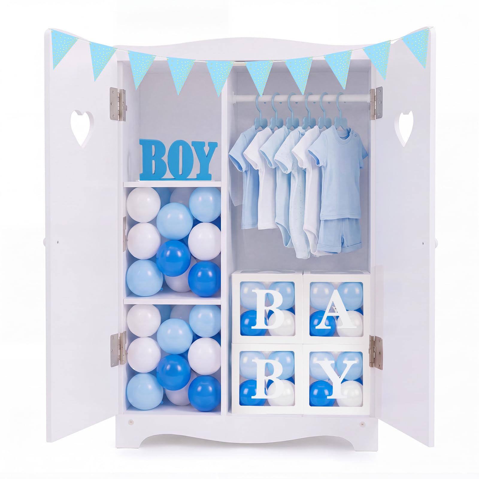 Junkin 64 decorazioni per armadio con scatole per baby shower, palloncini, grucce in plastica, striscioni per ragazzi o ragazze, decorazione da tavolo in legno, per lui o lei, rivelazione di genere