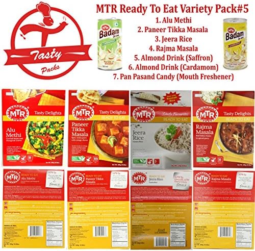 MTR Ready to Eat Tasty Packs #5: 7 Pack: 1: Alu Methi 2: Paneer Tikka Masala 3: Jeera Rice 4: Rajma Masala 5: Almond Drink(Saffron) 6: Almond Drink(Cardamom) 7: Pan Pasand Candy(Mouth Freshener)