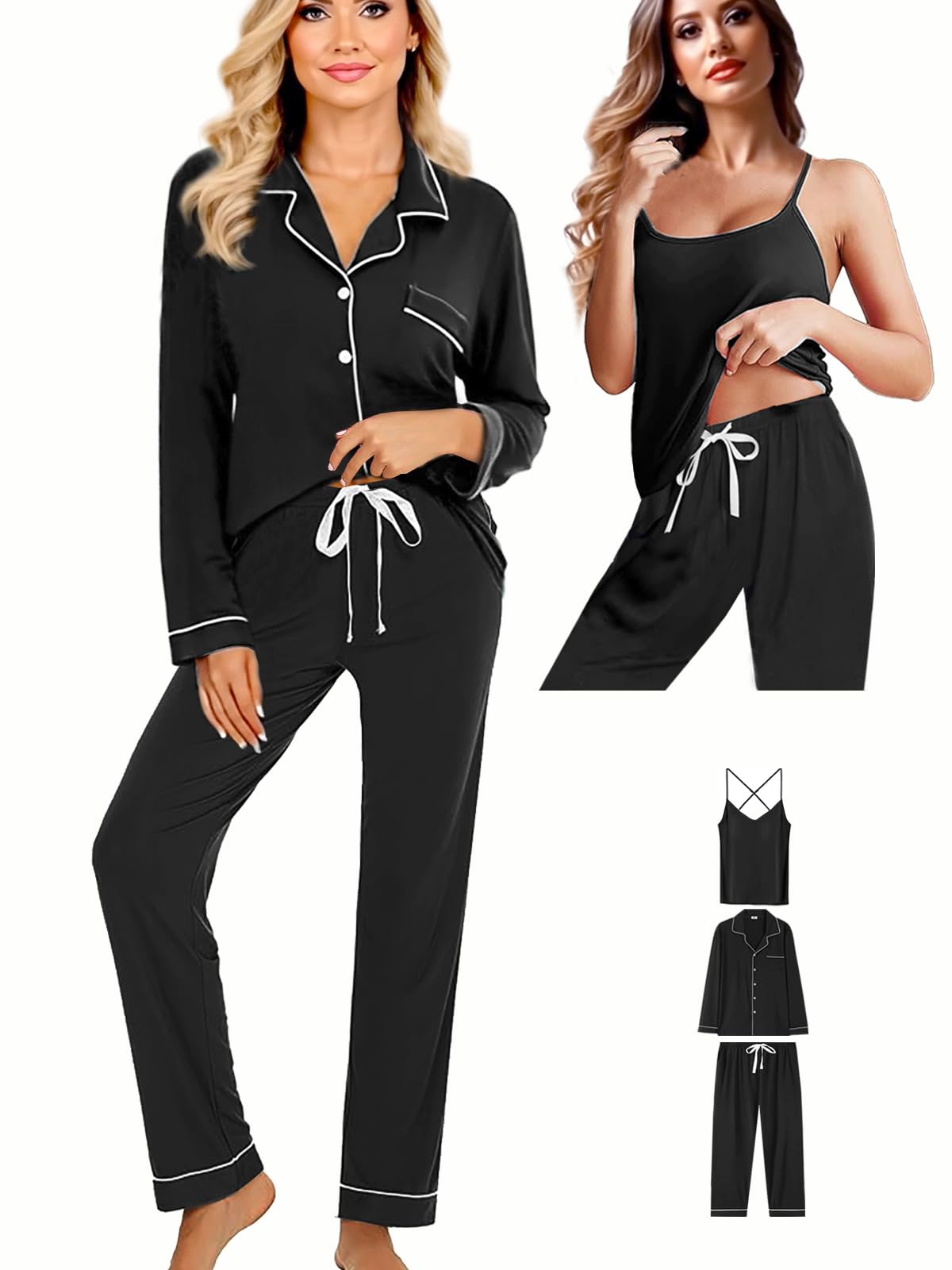 WJing Yi Jia 3Pcs Knit Pajamas Set For Women XS-4XL Womens Soft Pajama Sets Sexy Cami Pj Sets Sleepwear Loungewear Nightwear