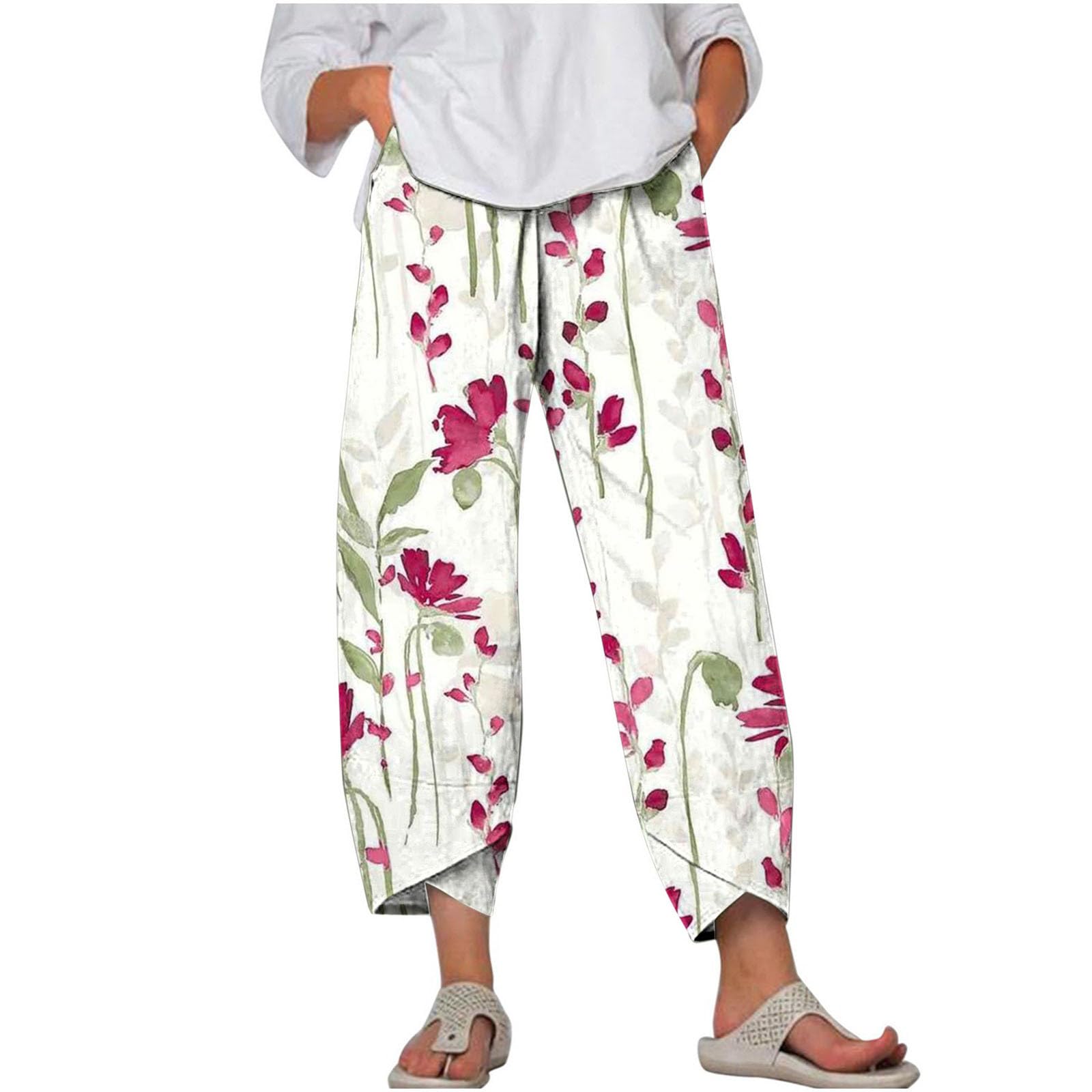 7/8 Hosen Damen Sommer Musselin Leinen Damen Hose Leinen Baumwolle Farbverlaufsdruck Sommerhose Casual Leichte Bequeme Luftige Freizeithose Strandhose Mit Taschen Stretch High Waist mit Kordelzug