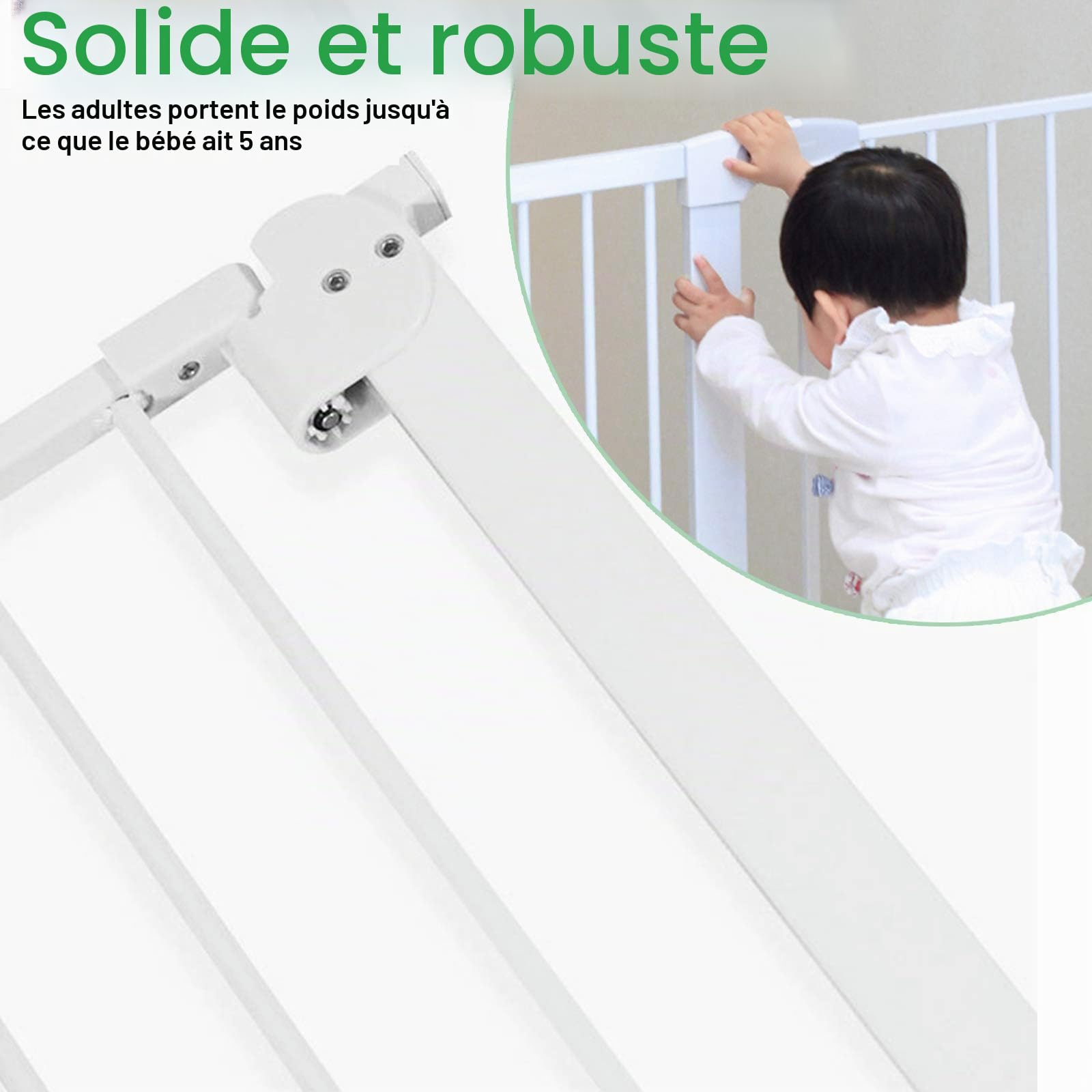 LZQ - Grille de protection pour escalier et porte - Double verrouillage - Barrière de sécurité, en métal, extra-sécurisée, à clipser - Blanche - 85 à 95 cm - Arrêt à 90° - Fermeture automatique