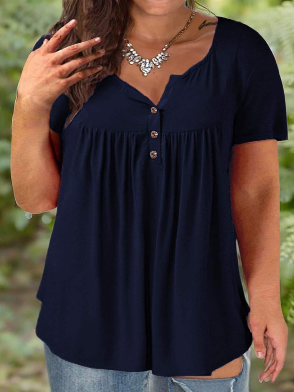 VISLILY Women's Plus Size Henley Shirts Flowy Summer Tops Pleated Buttons Up Tunics - Image 6