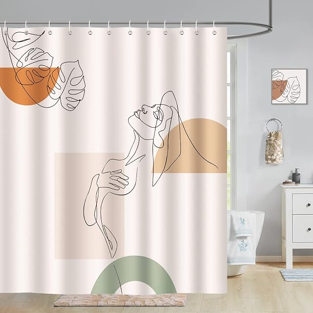 Bonhause Abstract Shower Curtain 180 x 180 cm Modern Mid Century Boho Minimalist Art Woman Face Bathroom Curtain Waterproof Mildew & Mould Resistant Polyester Fabric Bath Curtain with 12 Hooks