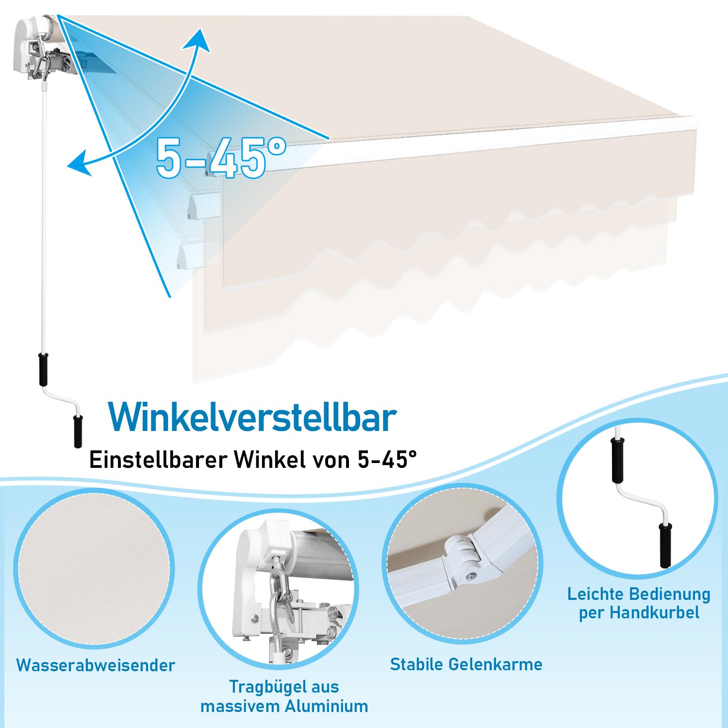Randaco Gelenkarmmarkise Markise, 250x200cm Beige Balkonmarkise Sonnenmarkise mit Handkurbel, Winkelinstellung 5-45°, Terrassenmarkise