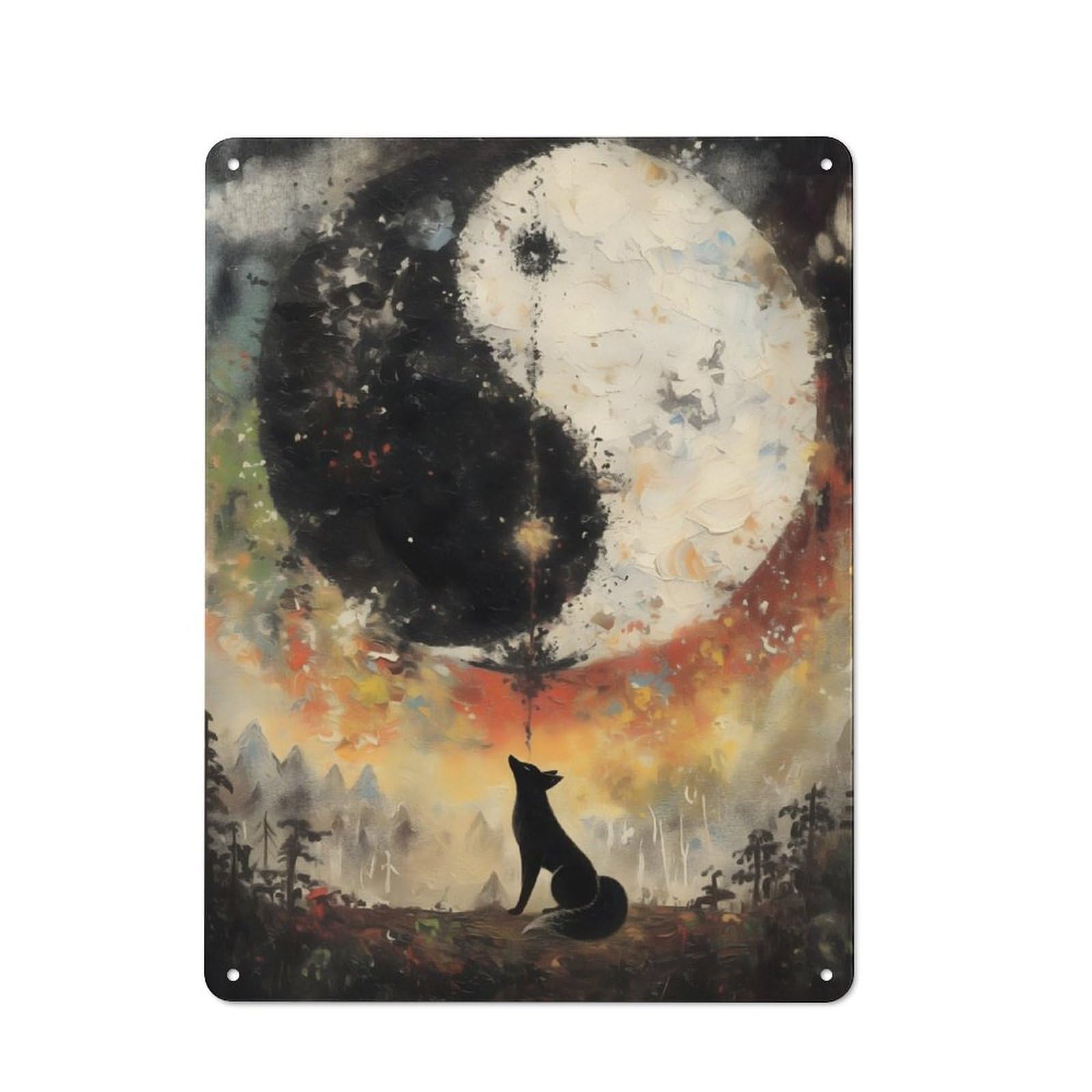 Fox Gazing at Yin Yang Vintage Metal Wall Decor 40x30cm, Tin Wall Sign for Restaurant, Kitchen, Counter Or Breakfast Nook