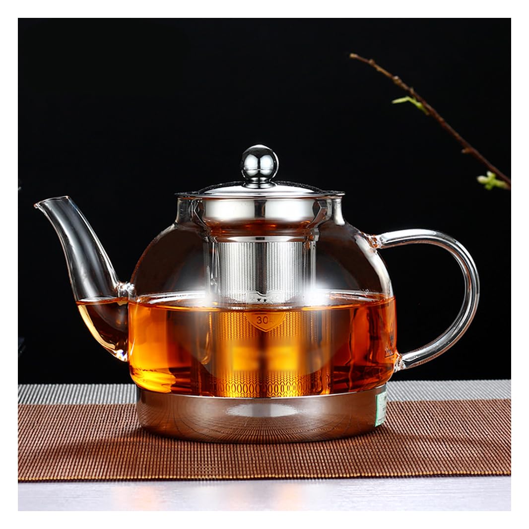 QPZK Induction Cooker Special Glass Teapot, Heat Resistant Borosilicate Glass Teapot With Stainless Steel Inner Filter for Loose Tea,tea Kettle Stovetop Clear Glass Flowe A-900ml