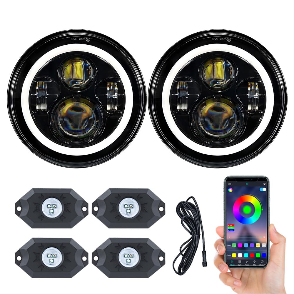JHLion 7 inch 2000% Super Bright LED Halo Headlights (Black) + RGB Rock Lights Kit for Jeep Wrangler JK JKU TJ LJ CJ 2007–2017 | Bluetooth App Control, Off-Road Ready, Easy Install