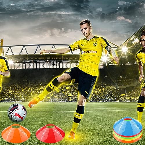 Fousenuk 20 Stück Fussball Hütchen Set, Runde Markierungshütchen Mit Ständer, Sport Hütchen, Markierungsscheiben, Fußball Hütchen für Hockey, Eislaufen, Handball, Koordinationstraining (5 Farben)