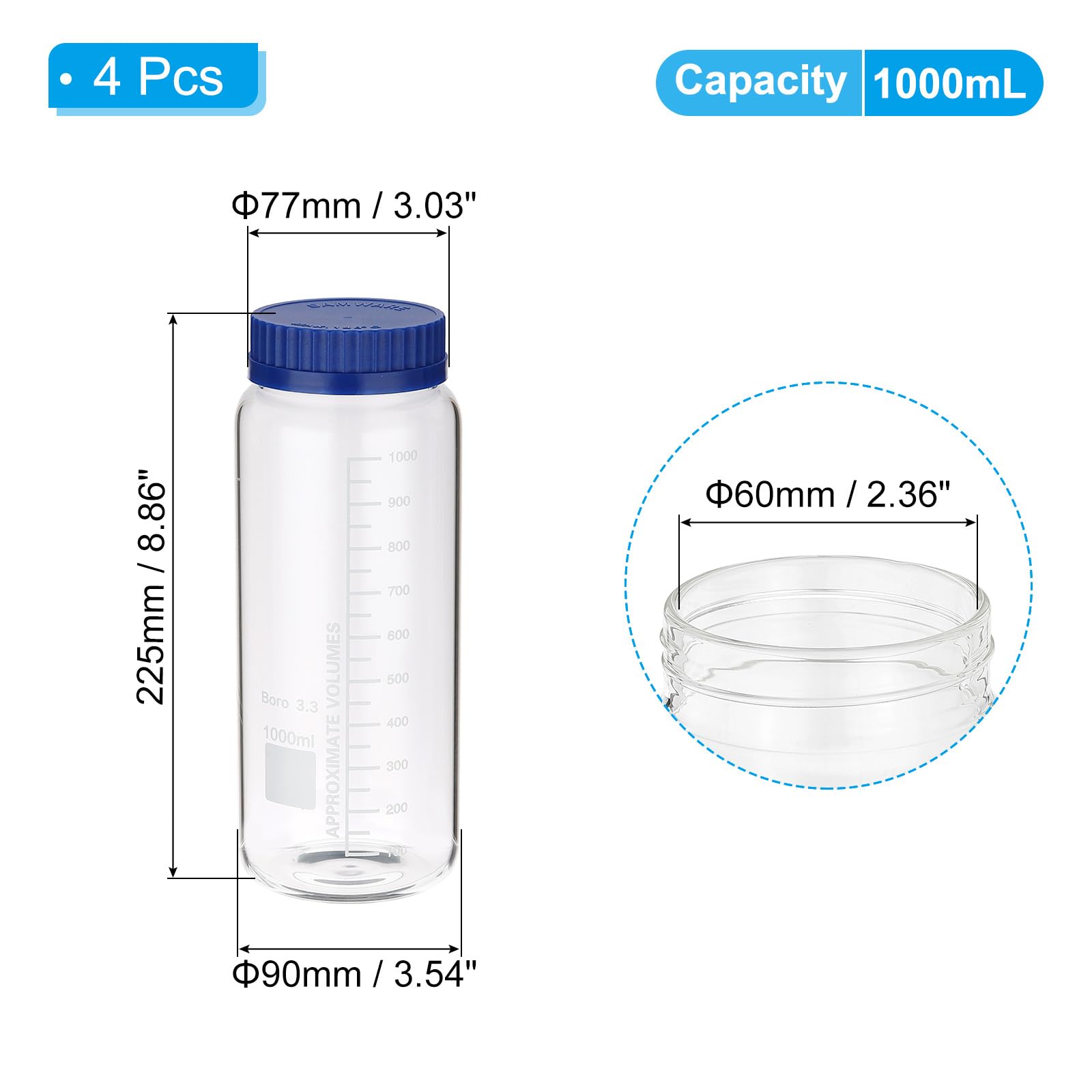 PATIKIL Confezione da 4 bottiglie rotonde per reagenti, in vetro borosilicato da 1000 ml, a bocca larga, graduate, con tappo a vite GL32 blu, per liquidi reagenti d'acqua di laboratorio, trasparenti