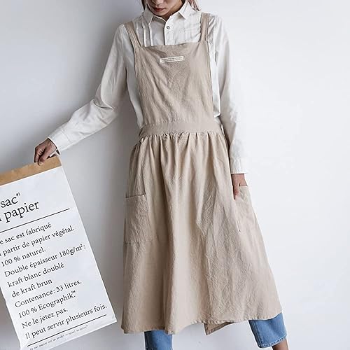 Miniatura 4 de SF-ZXTINP Delantal de cocina de algodón y lino para mujer con bolsillos, lindo para hornear, pintar, jardinería y limpieza