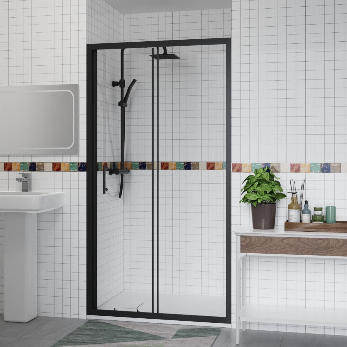Aquariss 1000x700mm Sliding Shower Enclosure Black with Shower Tray
