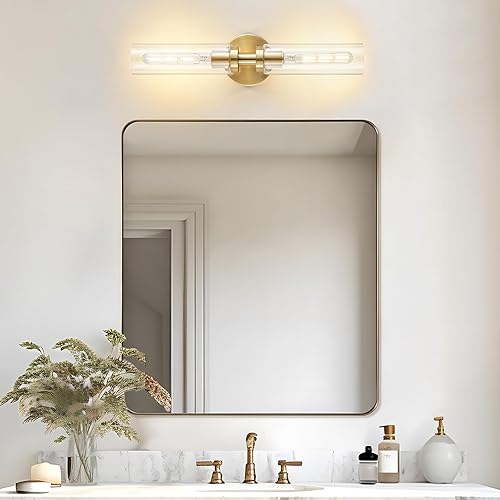 Miniatura 8 de 2 lámparas de baño de latón cepillado dorado sobre el espejo, moderna lámpara de tocador de pared con pantalla de vidrio transparente para baño,