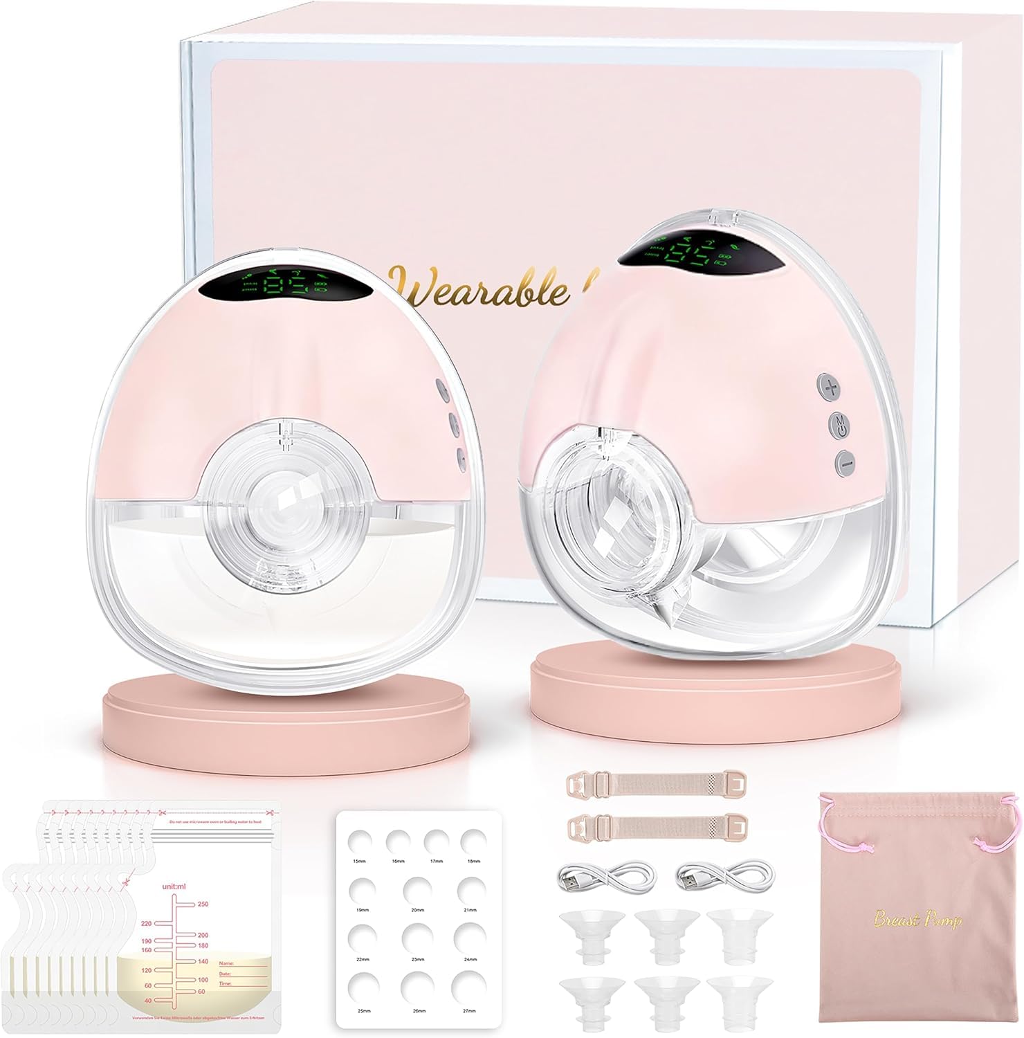 Lulia Tiralatte Elettrico Indossabile LU05, 4 Modalità e 9 Livelli, 350mmHg Forte Aspirazione Confortabile, Comfortabler & Portabile, Senza Dolore, senza BPA, con Flange 17/19/21/24MM (2 Pezzi- Rosa)