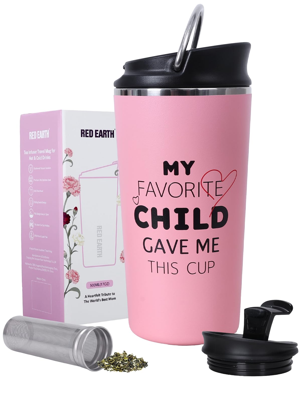 GiNT Taza de té de viaje de 17 onzas con infusor y dos tapas, regalo del día de la madre para mamá