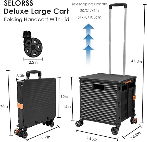 Miniatura 5 de SELORSS Carrito plegable portátil plegable con ruedas, cesta de mano rodante, carrito para profesores con tapa, resistente al desgaste, rueda