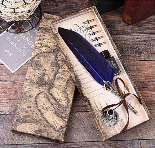 Calligraphy Pen Set,Writting Quill Feather Pen,100% Hand Craft, Real Feather and Stainless Steel Nib(Blue)