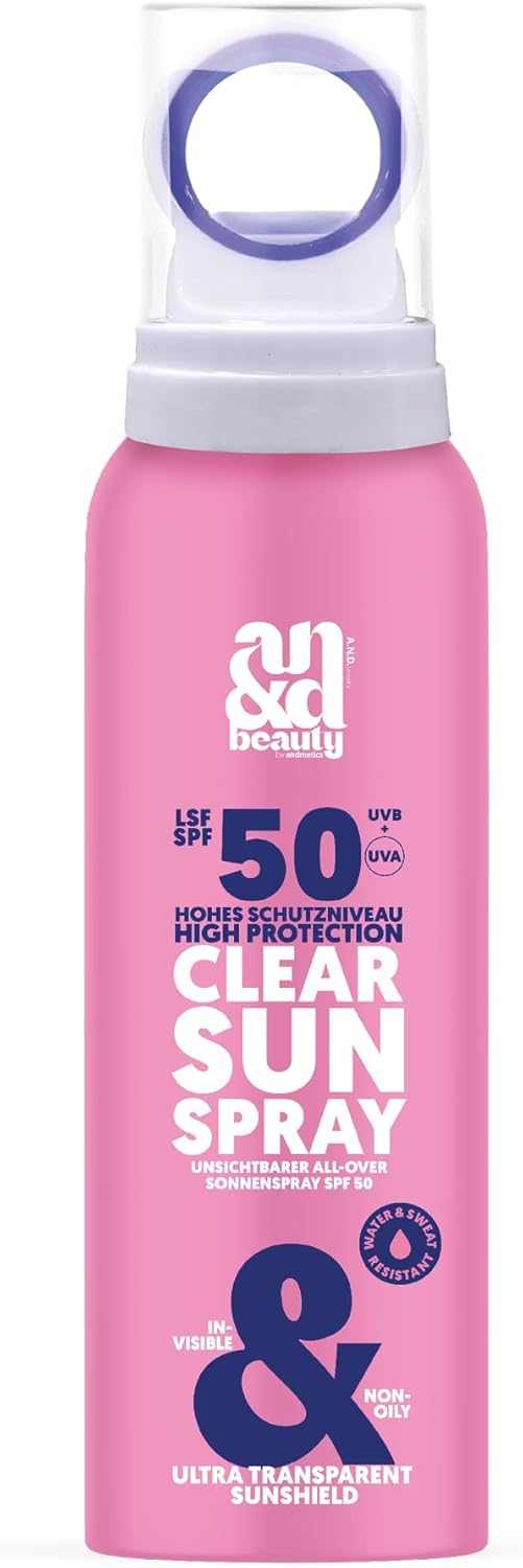 ANDbeauty Clear Sun Spray SPF 50, transparante zonneverzorgingsspray voor gezicht en lichaam, onzichtbare zonwering, ultralicht en niet vettig, geen inwrijven nodig, 100 ml, veganistisch en schoon