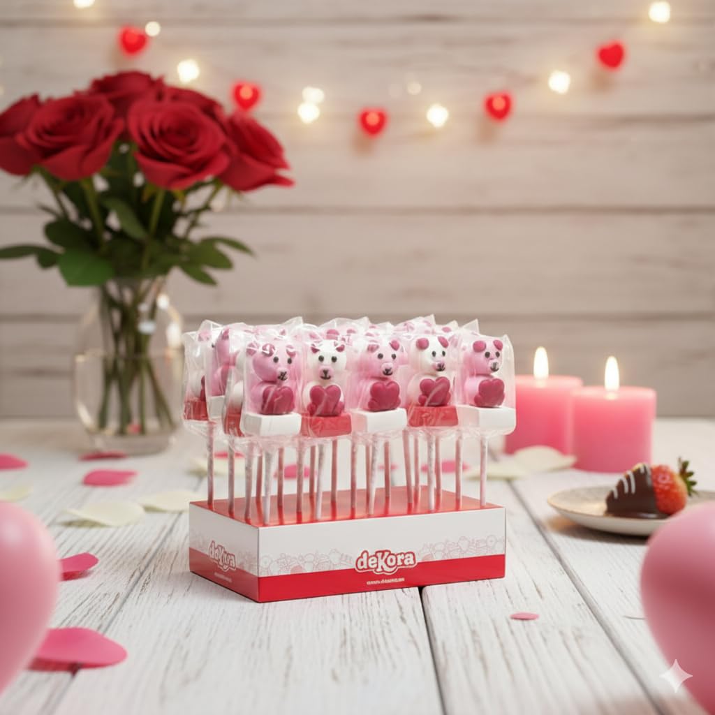 Brochetas de Ositos de Nube – Expositor con 20 Brochetas de Espuma Dulce de 35 g, Golosinas Marshmallow en Forma de Ositos y Corazones