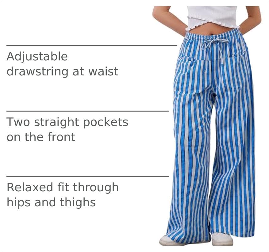 Image of MISSACTIVER Women Drawstring Striped Pants Loose Wide Leg Trousers Casual Low Waist Pants Comfy Lounge Pants with Pockets