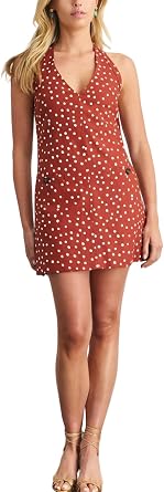 Women's Chic Polka Dot Mini Halter Summer Vacation Beach Dress with Pockets