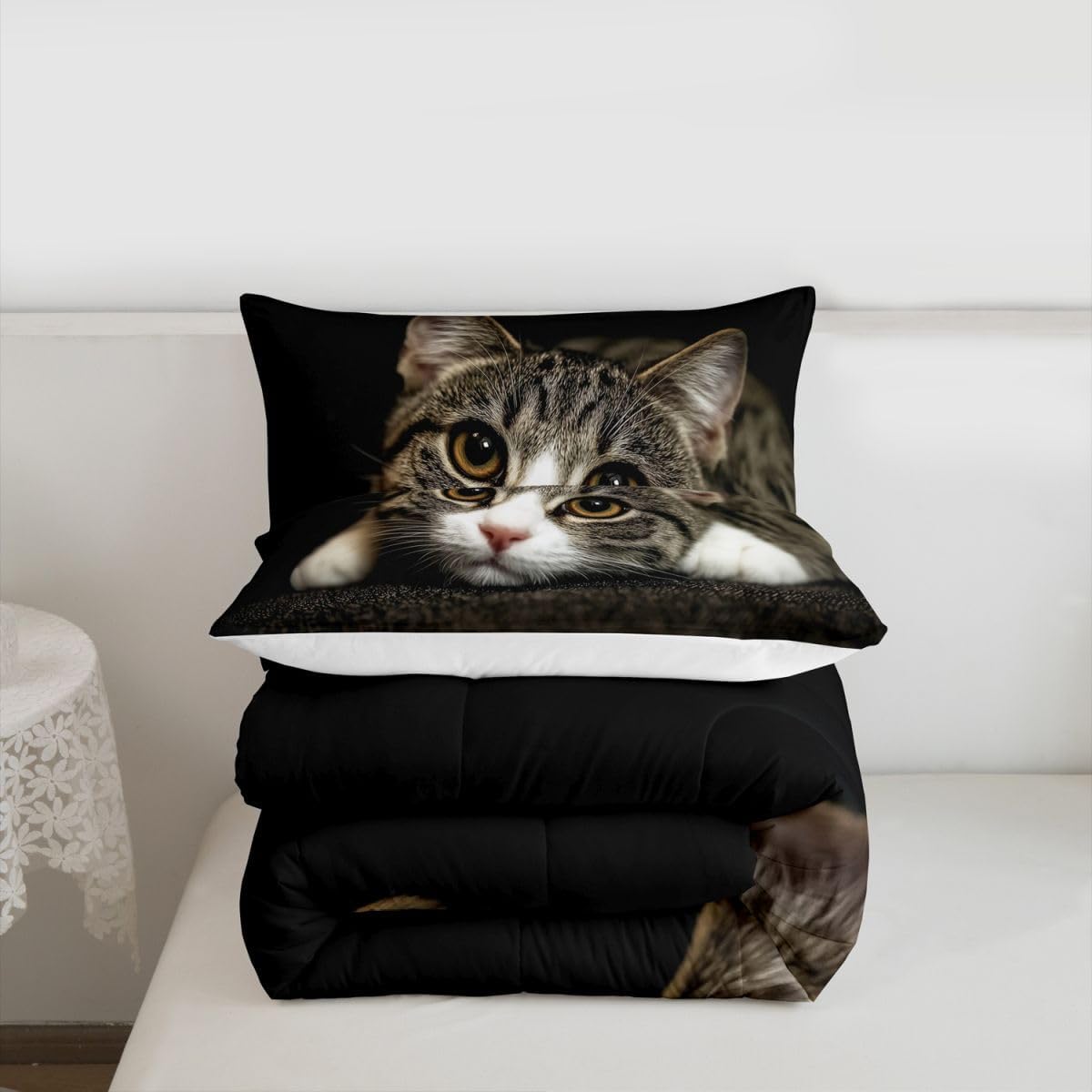 Feelyou Cats Comforter Set 3D Animals Pattern Bedding Set for Kids Boys Girls Pet Cat Kitten Decor Comforter Brown Grey Quilt Set Room 2Pcs Twin Size - Image 3