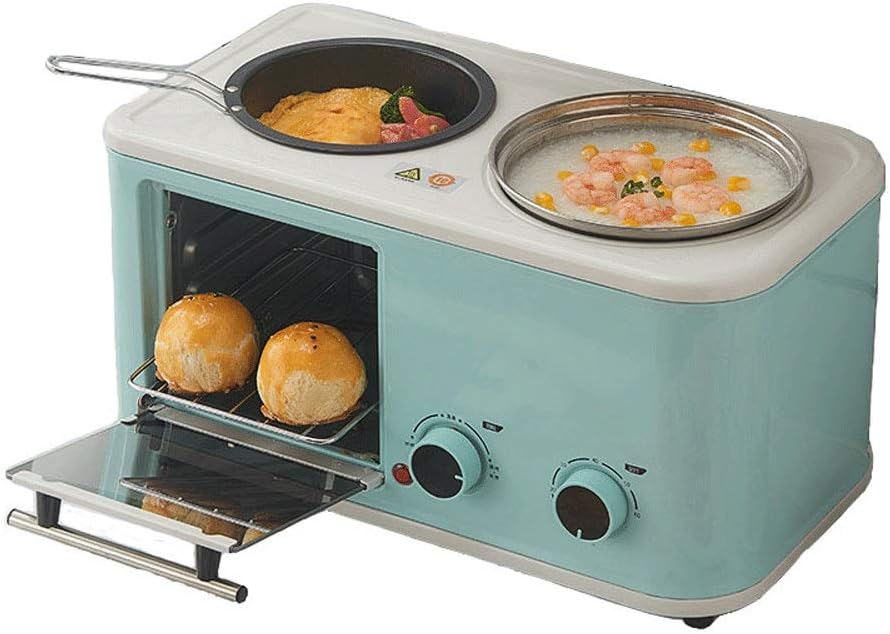 LQRYJDZ Mini Breakfast machine，3-in-1 Family Size Breakfast Station, Toaster Oven Multifunction Breakfast Center,Toaster Oven, Griddle &Cooking pot,5 liters (Color : Light blue)