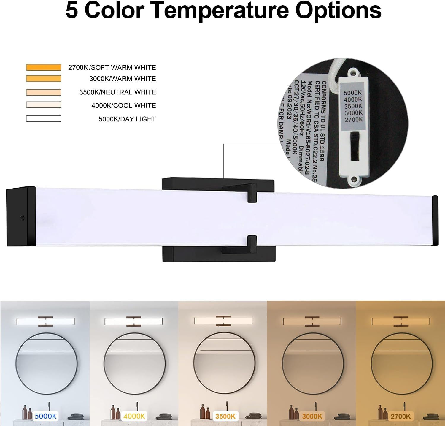 16 inch Bathroom Vanity Light 2700/3000/3500/4000/5000k Dimmable, Black Modern Matte for Vanity Lighting Over Mirror LED, Equivalent to Incandescent 200W, ETL Certificated (1 Pack)