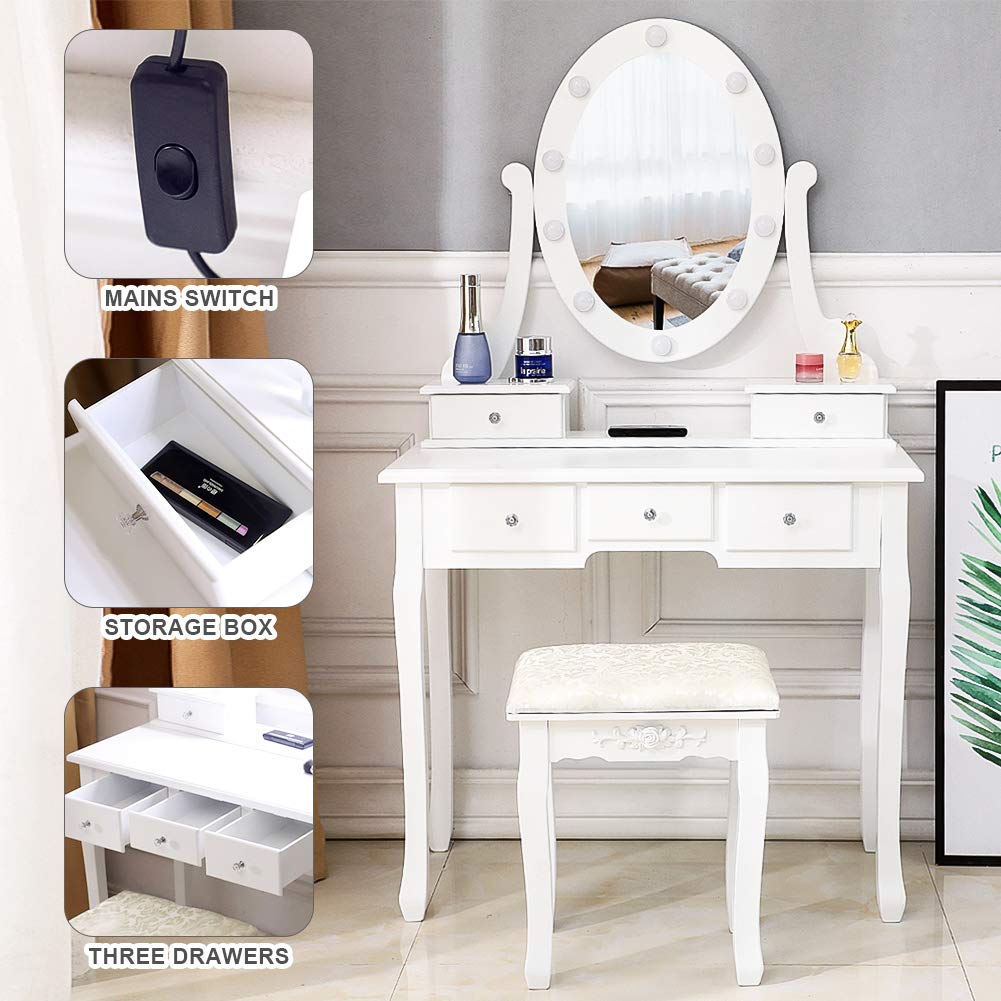 2ci Yanz Vanity Table Set,Makeup Table with Lighted Oval Mirror & Stool, Bedroom Wood Dressing Table with 5 Drawers White