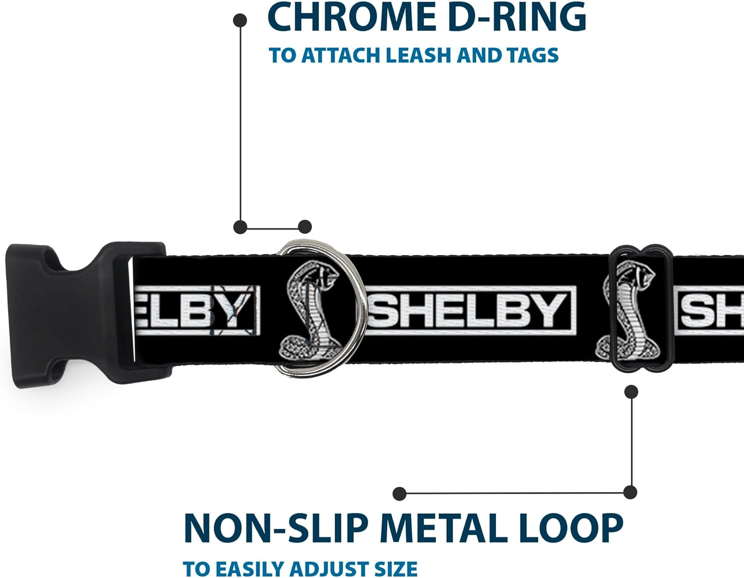 Buckle-Down Dog Collar Plastic Clip Shelby Box Logo and Super Snake Cobra Black White 16 to 23 Inches 1.5 Inch Wide
