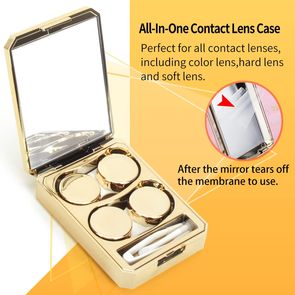 ofone Kontaktlinsen-Etui, 2 Stück Kontaktlinsenhalter-Set mit Entfernungswerkzeug, Pinzette, Spiegel, tragbare Kontakte, Behälter, Aufbewahrungsbox für Reisen (Goldgrün)