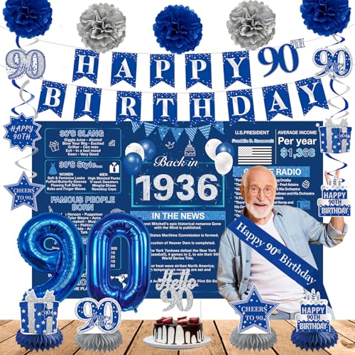 Crenics Blue 90th Birthday Decorations for Men Women - Back in 1936 Backdrop Banner Swirls Centerpieces Sash Paper Pom Poms Cake Topper and Balloons for 90 Birthday Party Supplies