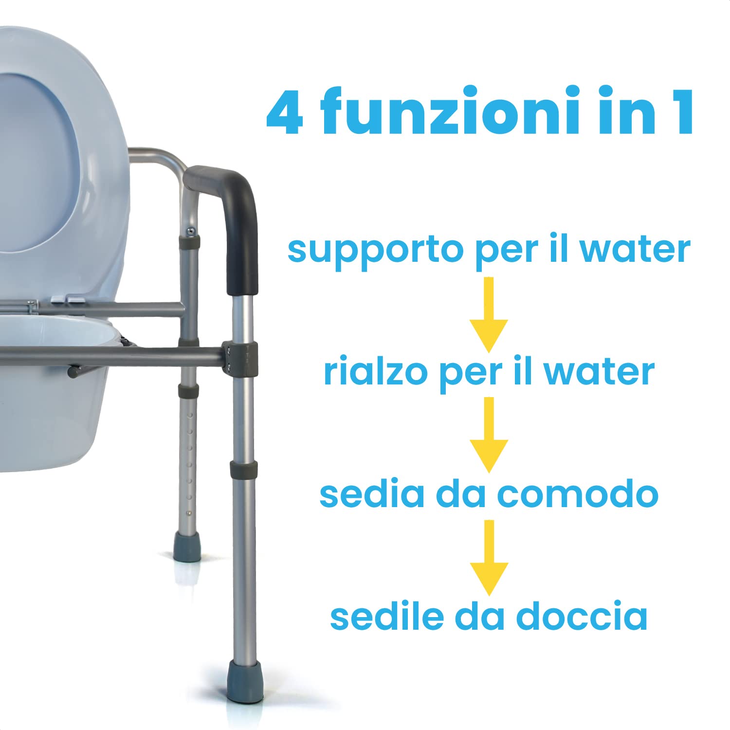 Comoda WC per Anziani Pieghevole Leggera 4 in 1 Sedia da Comodo Regolabile Sgabello Doccia e Bagno Rialzo WC Water per Disabilità