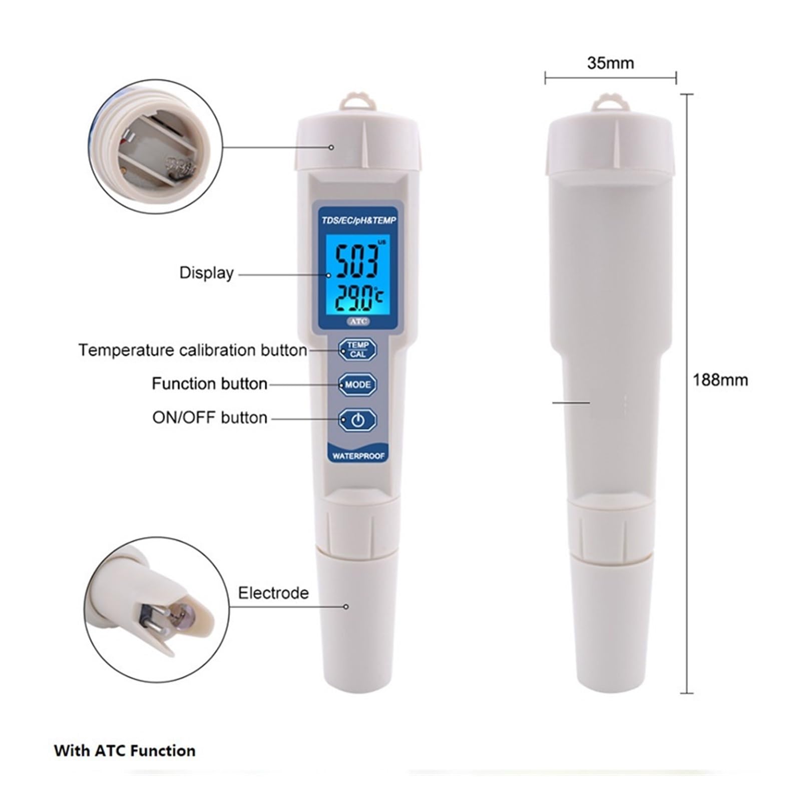 Tester dell'Acqua, Penna for Test della qualità dell'Acqua Impermeabile Portatile 4 in 1, rilevatore di parametri PH/TDS/EC/Temp