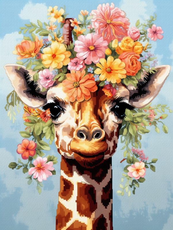 Cross Stitch Kits Counted Kit Cross-Stitching Pattern for Home Decor, 11CT Pre-Printed Fabric Embroidery Crafts Needlepoint Kit 40x50cm-A- Animals, Giraffes, flowers1