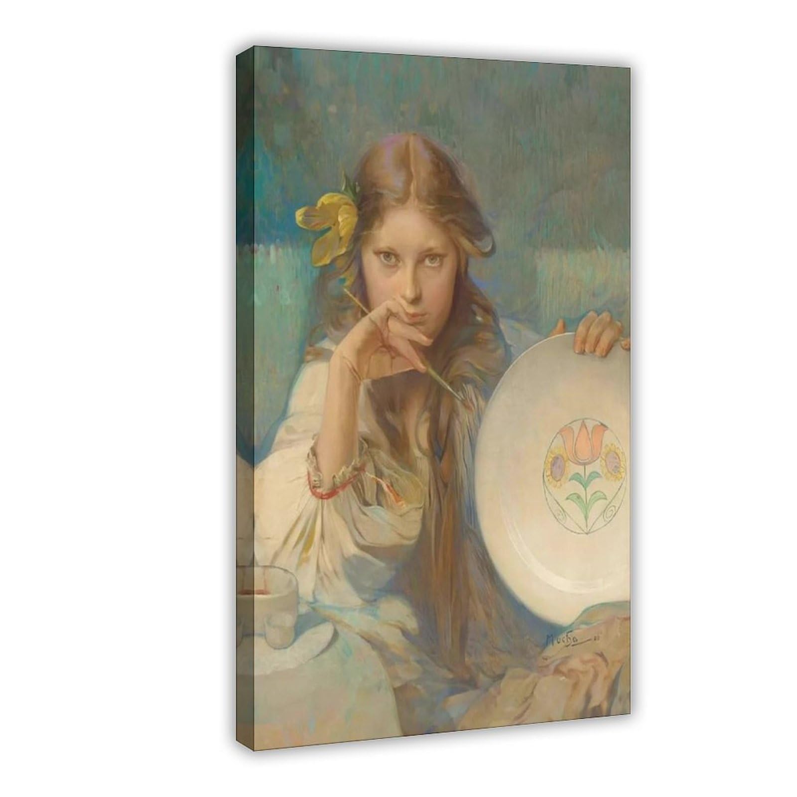 Stampa artistica da parete con ragazza con un piatto con motivo folk, stampa artistica da parete per soggiorno, camera da letto, decorazione 61 cm L x 91,4 cm W