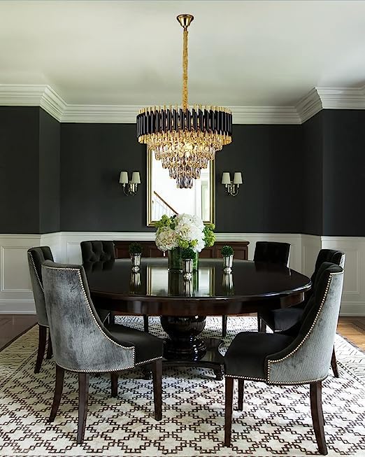 Image of Modern Crystal Chandelier 600mm Black and Gold Round Pendant Ceiling Light Fixture Flush Mount for Dining Room Living Room Bedroom Foyer Hallway Entryway