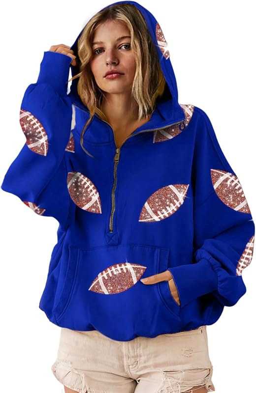 Game Day Sweatshirt Women Football Sequin Hoodie Half Zip Pullover | Football Hoodies for Women Sparkly Football Sweatshirt Long Sleeve Rugby Patches Game Day Sweatshirts Tailgate Outfits