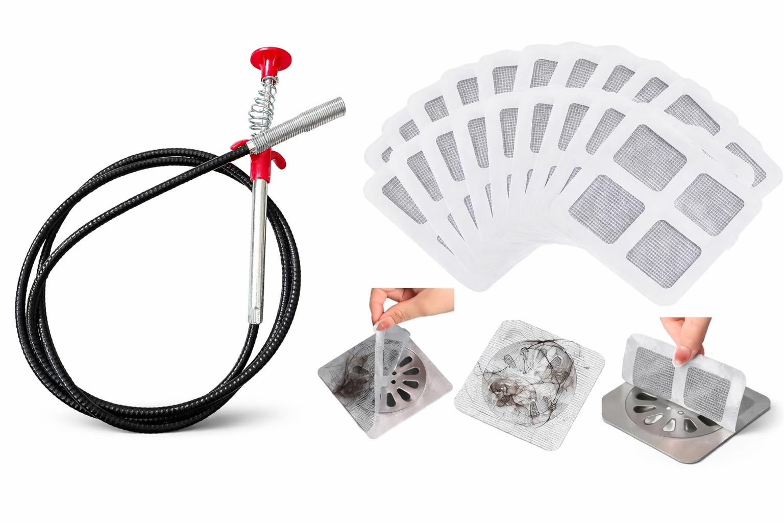 drain cleaner snake 160 cm + 10 pc shower drain cover hair catcher combo | flexible sink cleaning tool, spring stick hair remover for bathroom & kitchen