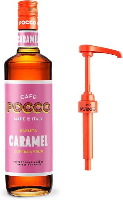 Premium Caramel Syrup from Cafe Pocco - 75cl Glass Bottle & 10ml Reusable Syrup Pump
